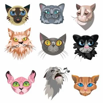 Set of various domestic cats faces vector illustration Stock Illustration