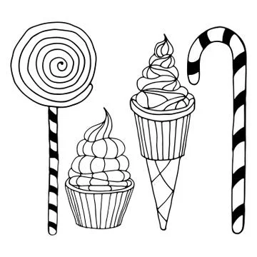 Set of various doodles, hand drawn rough simple sweets and candies sketches. Stock Illustration