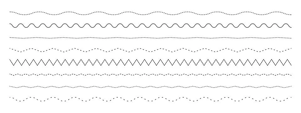 Set of various dotted, dashed and wavy lines for design Stock Illustration