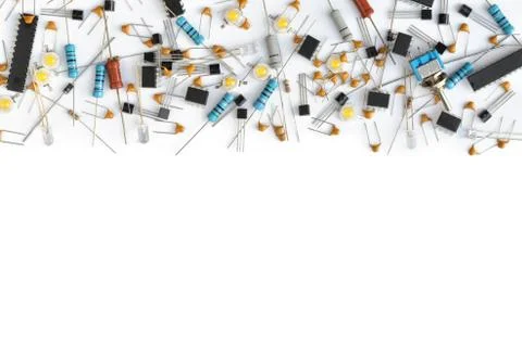 Set of various electronic components on white background Stock Photos