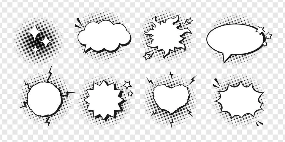 Set of various empty comic speech bubbles decorated with black halftone Illustrazione stock