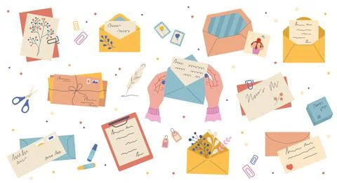 A set of various envelopes with mail, letters and postcards. 스톡 일러스트