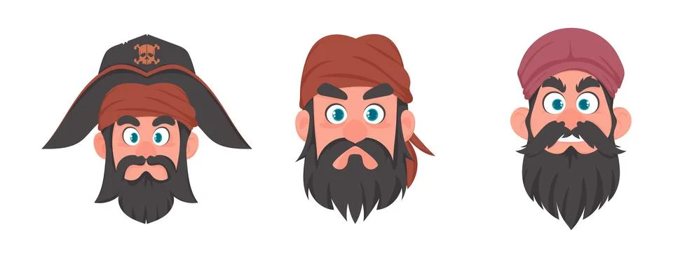 Set of various faces of pirates and robbers. Cartoon style Stock Illustration