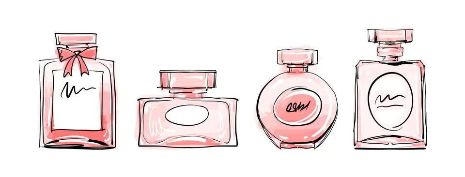 A set of various flasks and bottles for perfume, cologne, perfume water. Mode Illustration