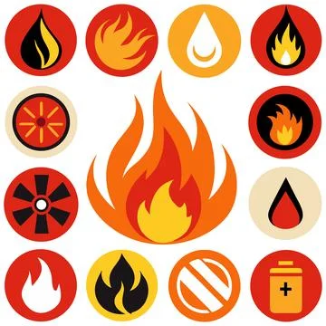 Set of various flat design fire and burning icons. Stock Illustration