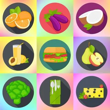 Set various flat vector pictograms Set of various fruits, vegetables, fast... Stock Photos