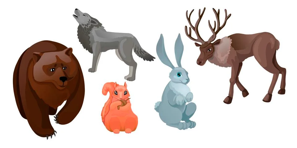 Set of various forest wild animals. Vector characters Stock Illustration