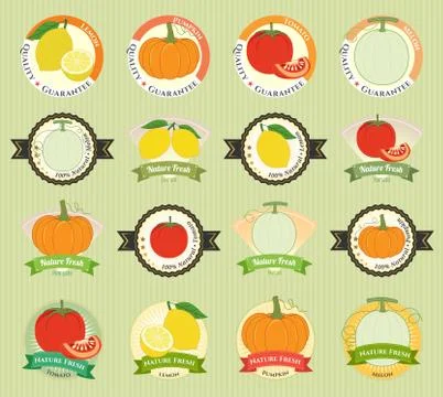 Set of various fresh fruit and vegetable premium quality tag label badge stic Stock Illustration