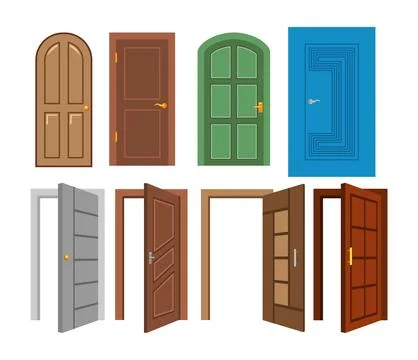 Set of various front open and closed door set collection, Cartoon entrance .. Stock Illustration