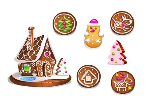 Set of various gingerbread figures. Cute hand drawn honey cakes.  Stock Illustration