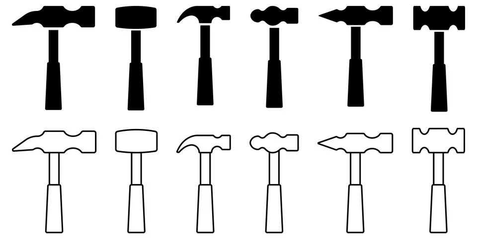 Set of various hammer icons in solid black and outline styles Stock Illustration