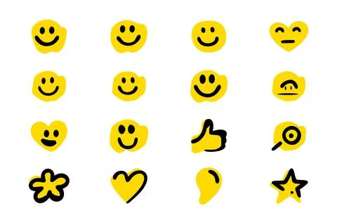 A set of various hand-drawn emoji icons in yellow, outlined with black. Stock Illustration