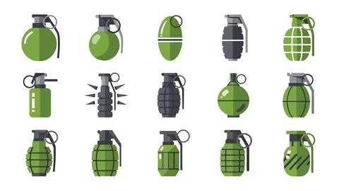 Set of various hand grenades and tactical explosives in flat design for mil.. Stock Illustration