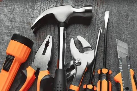 Set of various hand tools including hammer pliers screwdriver Stock Photos