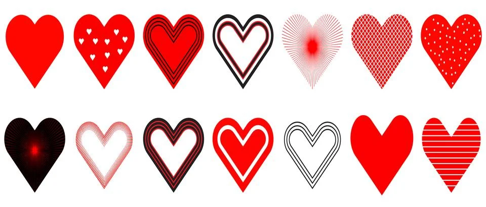 Set of various heart shapes with different patterns and styles Illustrazione stock