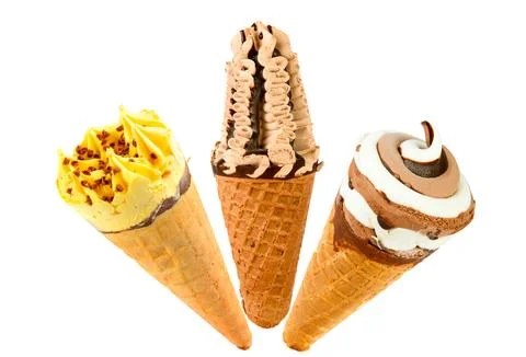 Set of various ice cream in waffle cones isolated on white. Collage. Stock Photos