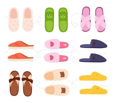Set of various indoor slippers and house shoes. Flat vector illustration Stock Illustration