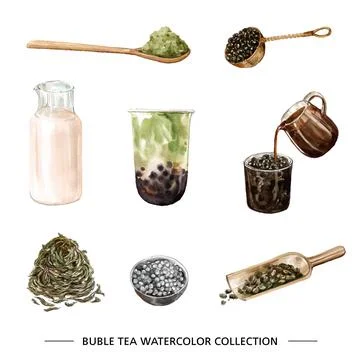 Set of various isolated bubble tea illustration on white background. Stock Illustration