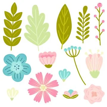 Set of various isolated hand drawn flowers. Flat vector illustration. Stock Illustration