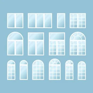 Set of various isolated white plastic windows on blue background. Flat windows Stock Illustration