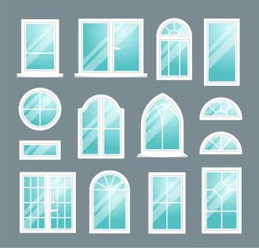 Set of various isolated white plastic windows on dark background. Stock Illustration