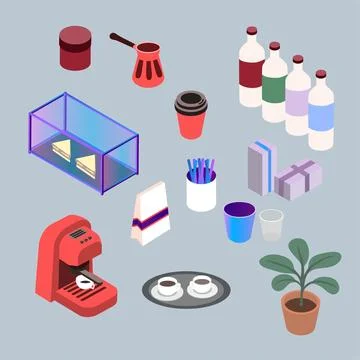 Set of various isometric kitchenware for a cafe Stock Illustration