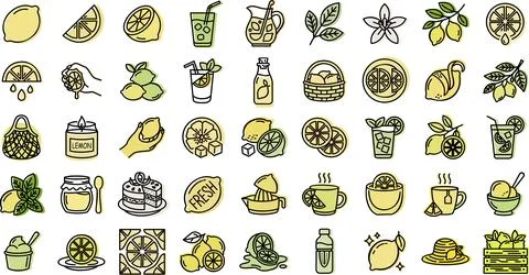 Set of various lemon and beverage icons Stock Illustration