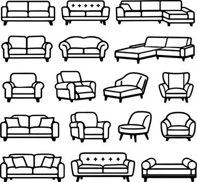 Set of various living room sofas and armchairs furniture vector illustrations Stock Illustration