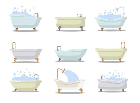 Set of various luxury bath tubes with water Stock Illustration