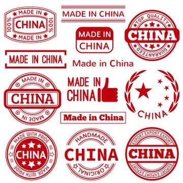 Set of various Made in China red graphics and labels Stock Illustration