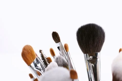 Set of various makeup brushes on white background. Stock Photos
