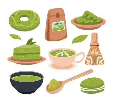 Set of various matcha green tea collection, spoon, donut, tea leaves, organ.. Stock Illustration