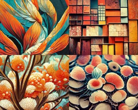 Set of various materials,wood, stone, molecules, leaves, fabric, microbes. Macro Stockillustratie