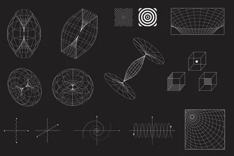 Set of various mathematical and geometric diagrams, wireframe shapes on dark Illustrazione stock