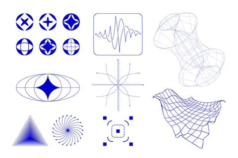 Set of various mathematical and geometric diagrams, including abstract waveforms Stock Illustration