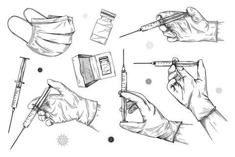 Set of various medical objects. Doctor's hand with a syringe in different pos Stock Illustration