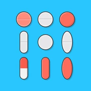 Set Of Various Medical Tablets And Pills Vector Icon Illustration. Antibiot.. Stock Illustration