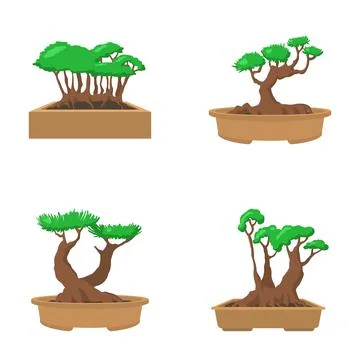 Set of various miniature bonsai trees in pots Stock Illustration