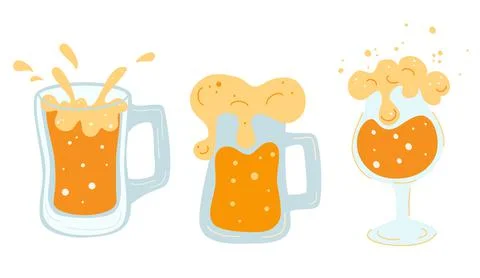Set of various mugs with beer. Glasses mugs with handle full of light beer wi Stock Illustration
