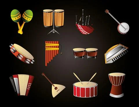 Set of various musical instruments such as accordion maracas drums banjo Stock Illustration