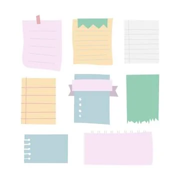 Set of various notes paper on transparent background. Vector elements Stock Illustration