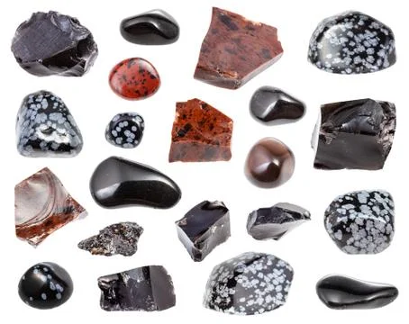 Set of various Obsidian rocks isolated on white Stock Photos