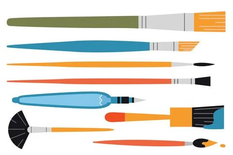 Set of various paint brushes, cartoon style. Painting tools elements, Art s.. Stock Illustration