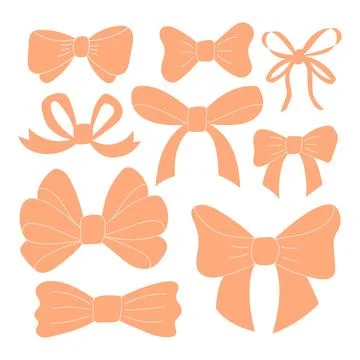 Set of various peach fuzz bow knots, gift ribbons. Trendy hair braiding acc.. Stock Illustration