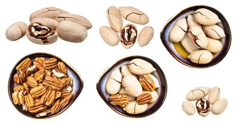 Set of various pecan nuts isolated on white Stock Photos