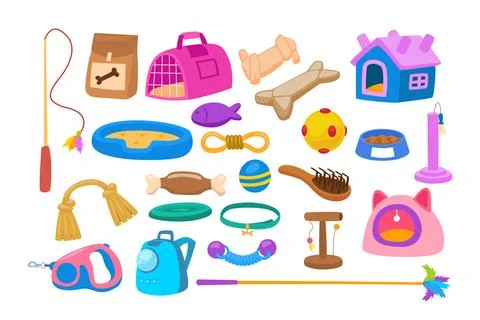 Set of various pet assortment cartoon collection, animals accessories store.. Stock Illustration