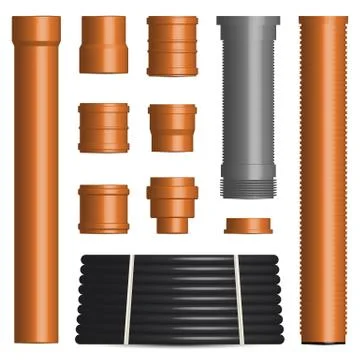 Set of various plastic pipes and connectors, vector illustration. Stock Illustration