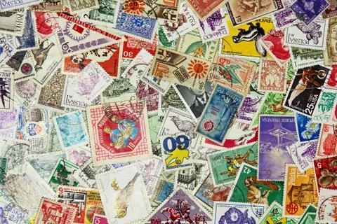Set of various postage stamps of different countries suitable. Background. Stock Photos