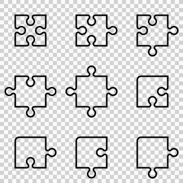 Set of various puzzle pieces, editable stroke path vector illustration Stock Illustration