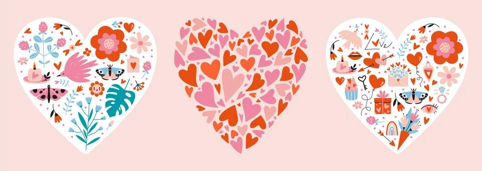 Set with Various romantic objects in the shape of a heart, cartoon style. Val Stock Illustration